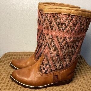 Moroccan Kilim Leather Boots Womens 7.5 Wool Woven Boho Handmade Cowboy western